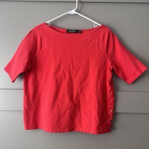 Lauren Ralph Lauren Top Womens Large Red Orange Short Sleeve Boat Neck Ribbed